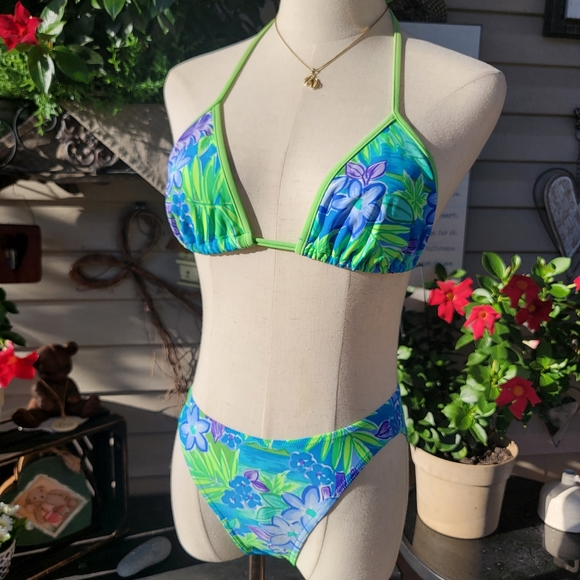 CHRISTINA ♡ Gorgeous 2pc Blue 'n Green Floral String Bikini Top Swimsuit XL - Picture 10 of 17